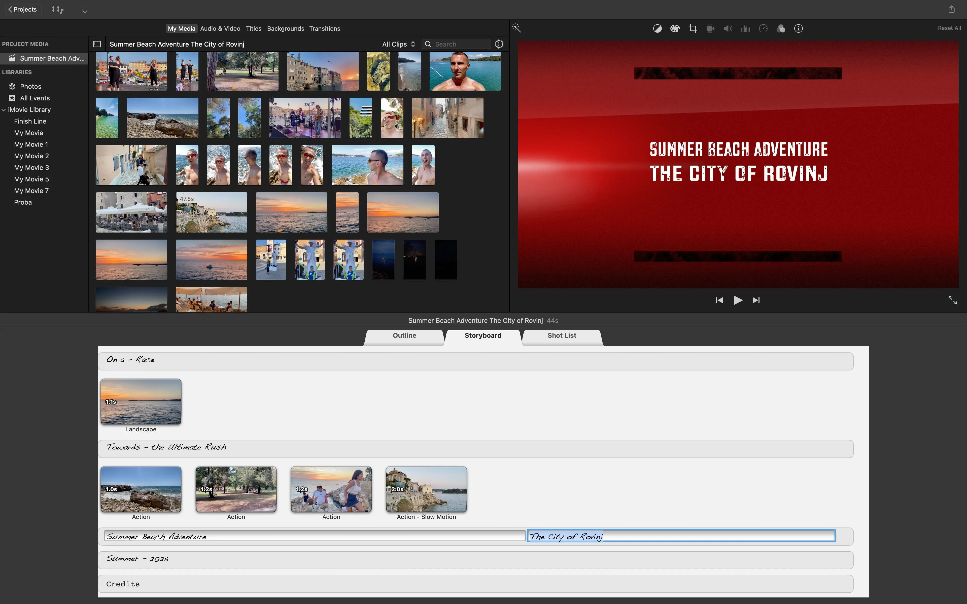 Chỉnh sửa tiêu đề phim tùy chỉnh trong bảng Shot List trên iMovie cho Mac.