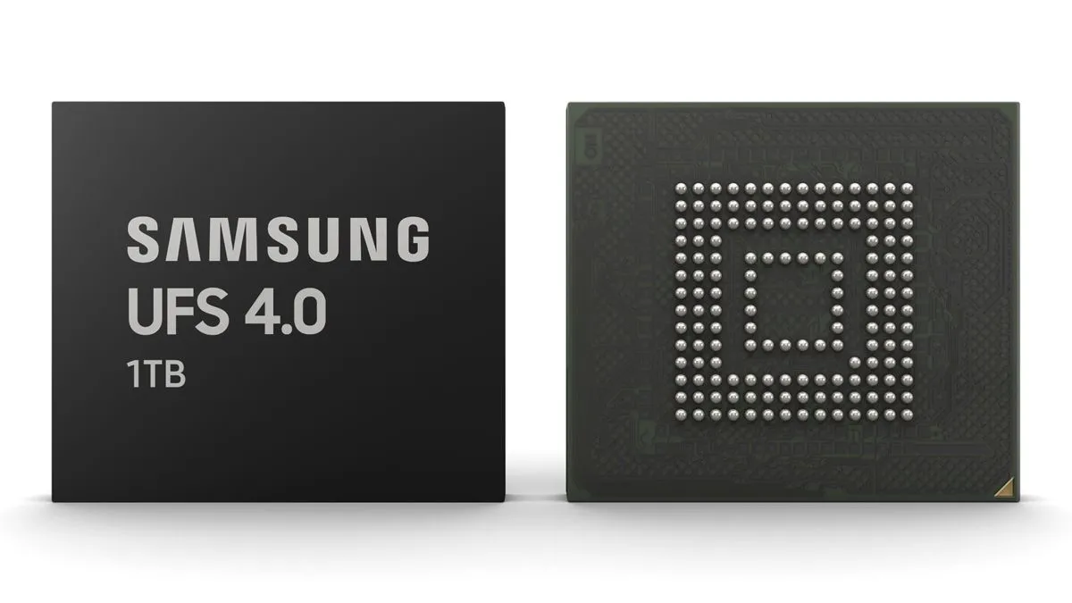 Chip bộ nhớ UFS 4.0 của Samsung, thể hiện công nghệ lưu trữ dữ liệu tốc độ cao cho smartphone.