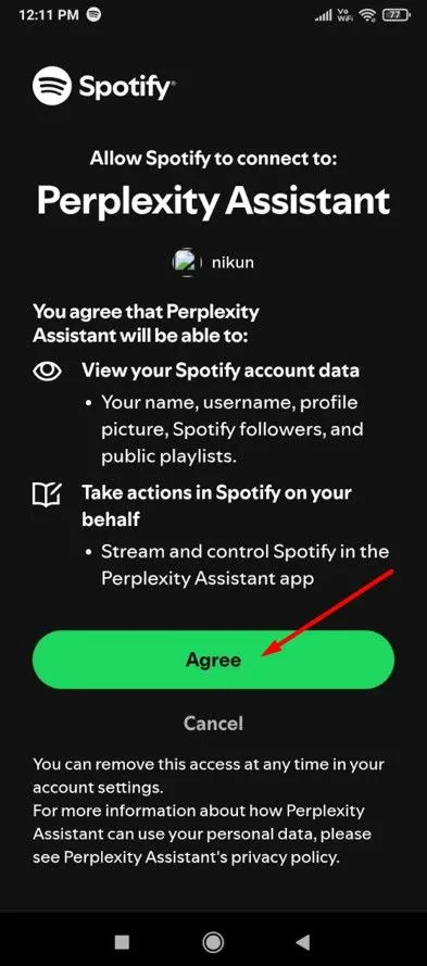 Cho phép Perplexity AI kết nối với Spotify để phát nhạc.