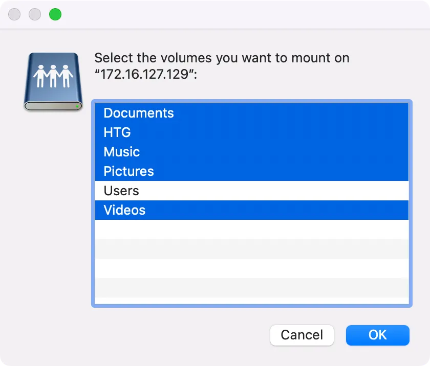 Chọn các ổ đĩa hoặc thư mục mạng để gắn (mount) trong cửa sổ Finder &quot;Connect to Server&quot;.