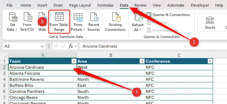 Chọn From Table/Range trong tab Data để mở Power Query Editor