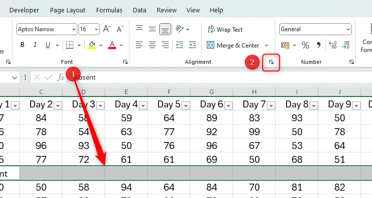 Chọn hàng và biểu tượng căn chỉnh (Alignment) trong Excel để mở Format Cells.