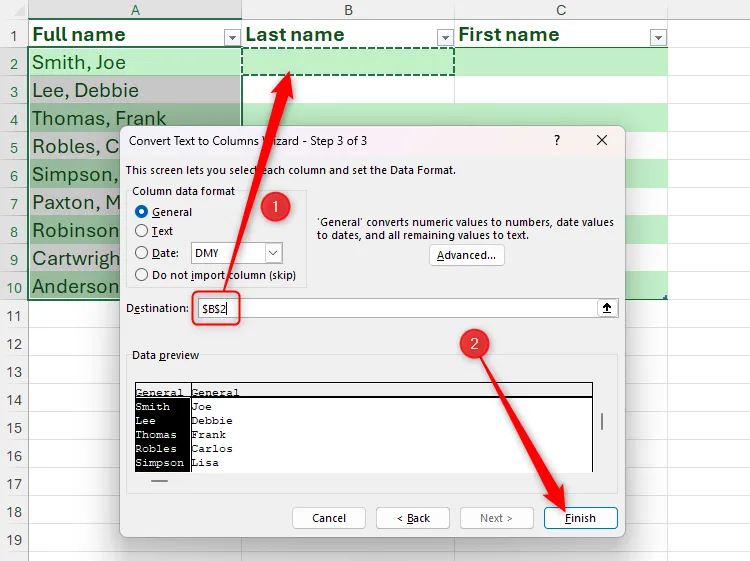 Chọn ô B2 làm đích đến cho dữ liệu đã tách trong Convert Text to Columns Wizard