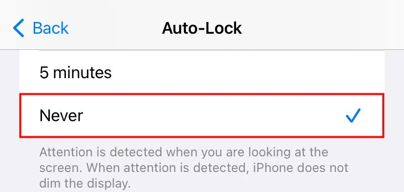 Chọn thời gian tự động khóa màn hình iPhone hoặc chọn &quot;Không&quot;