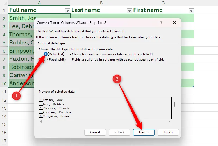 Chọn tùy chọn Delimited trong hộp thoại Convert Text to Columns Wizard của Excel