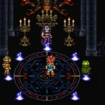 Chrono, Frog và Lucca đối mặt Magus trong lâu đài của hắn trong game JRPG Chrono Trigger.