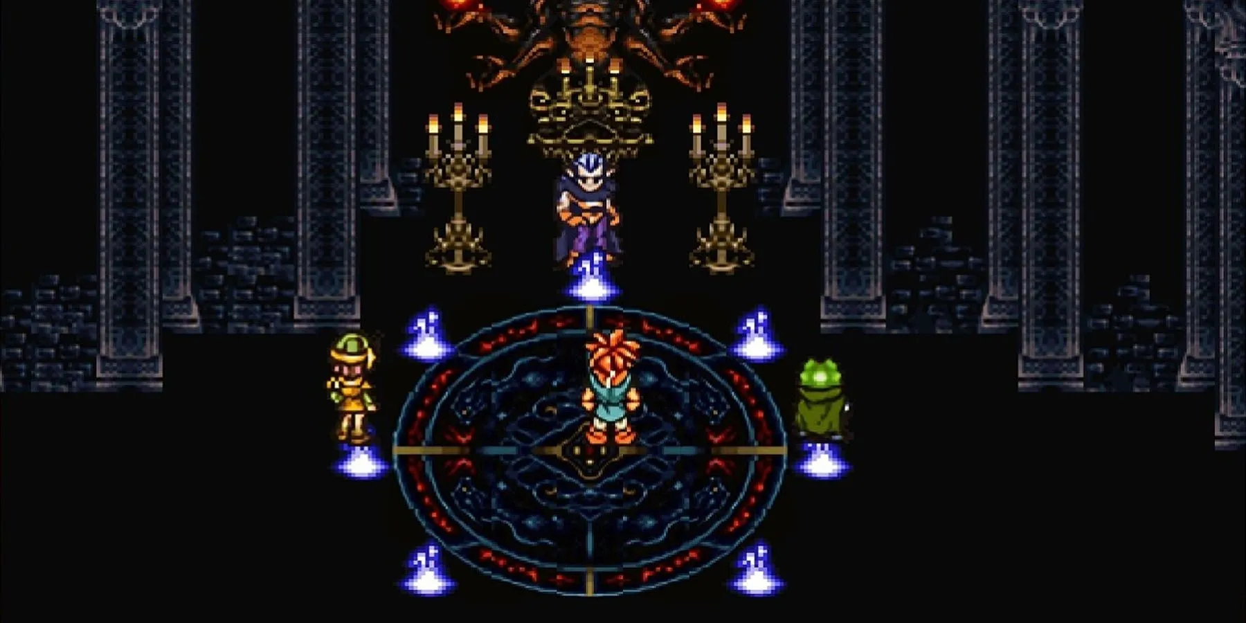 Chrono, Frog và Lucca đối mặt Magus trong lâu đài của hắn trong game JRPG Chrono Trigger.