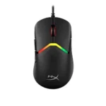 Chuột gaming HyperX Pulsefire Saga với thiết kế màu đen mạnh mẽ và logo HyperX phát sáng RGB