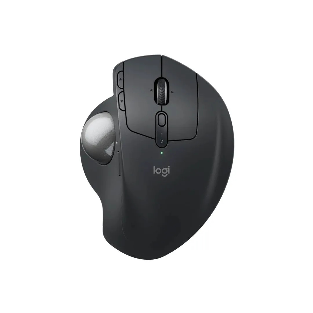 Chuột trackball công thái học Logitech MX Ergo S màu đen trên nền trắng, nổi bật với bi lăn màu xanh dương.