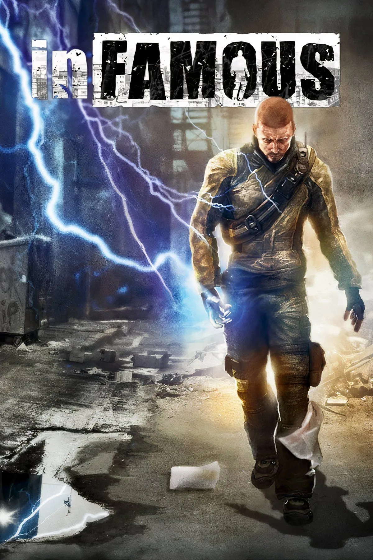 Cole MacGrath, nhân vật chính của Infamous, sở hữu sức mạnh điện năng, trên bìa game.