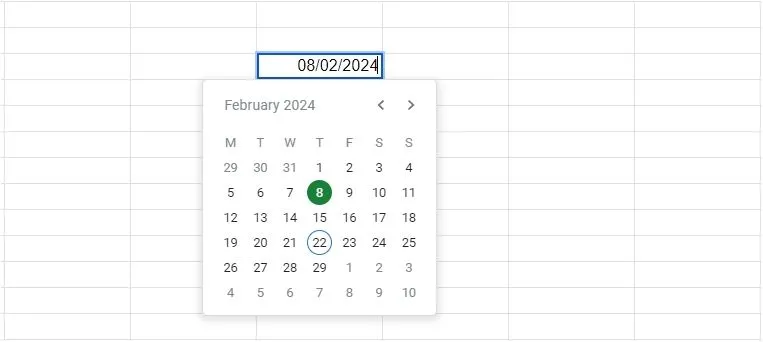 Công cụ chọn ngày (date picker) hiển thị trong Google Sheets