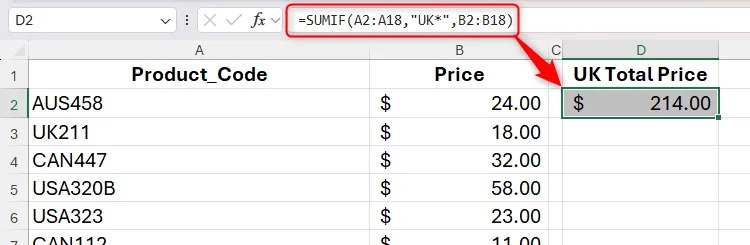 Công thức SUMIF sử dụng ký tự đại diện ('UK*') trong Excel để tính tổng giá của tất cả các sản phẩm có mã bắt đầu bằng 'UK', thể hiện sức mạnh của wildcard trong hàm.