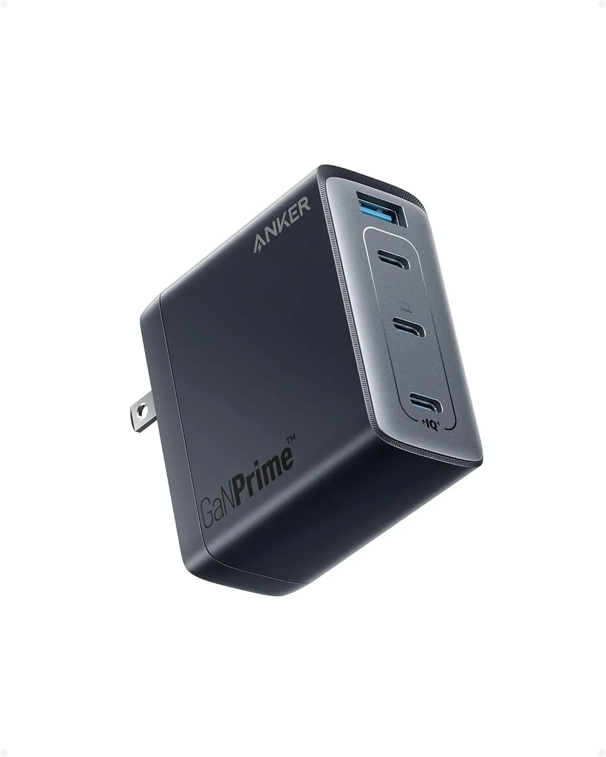 Củ sạc Anker 150W Max USB-C với bốn cổng sạc, bao gồm ba USB-C và một USB-A, thể hiện khả năng sạc đồng thời nhiều thiết bị với công suất lớn và thiết kế nhỏ gọn.