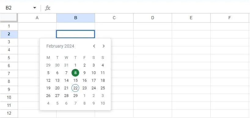 Cửa sổ công cụ chọn ngày (date picker) bật lên trong Google Sheets