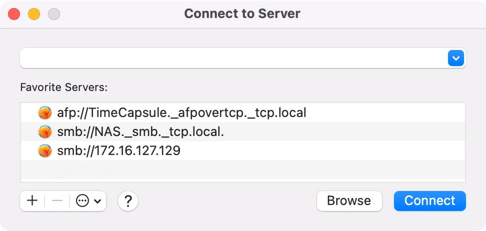 Cửa sổ &quot;Connect to Server&quot; trong Finder của macOS hiển thị danh sách các máy chủ yêu thích (Favorite Servers).
