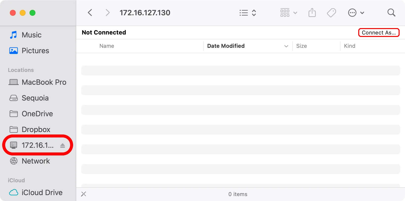Cửa sổ Finder macOS hiển thị chia sẻ mạng được chọn và nút &quot;Connect As&quot; để đăng nhập.