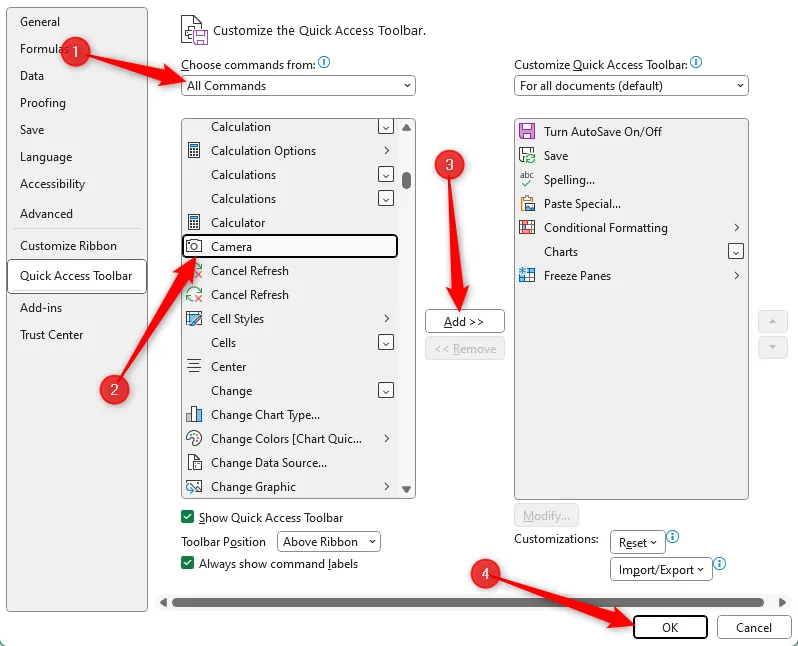 Cửa sổ tùy chọn Excel, hướng dẫn thêm Camera Tool vào QAT