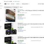 Danh sách bán card RTX 5090 trên eBay với giá từ 6.750 USD đến 10.000 USD, cho thấy tình trạng đội giá cắt cổ từ scalper.