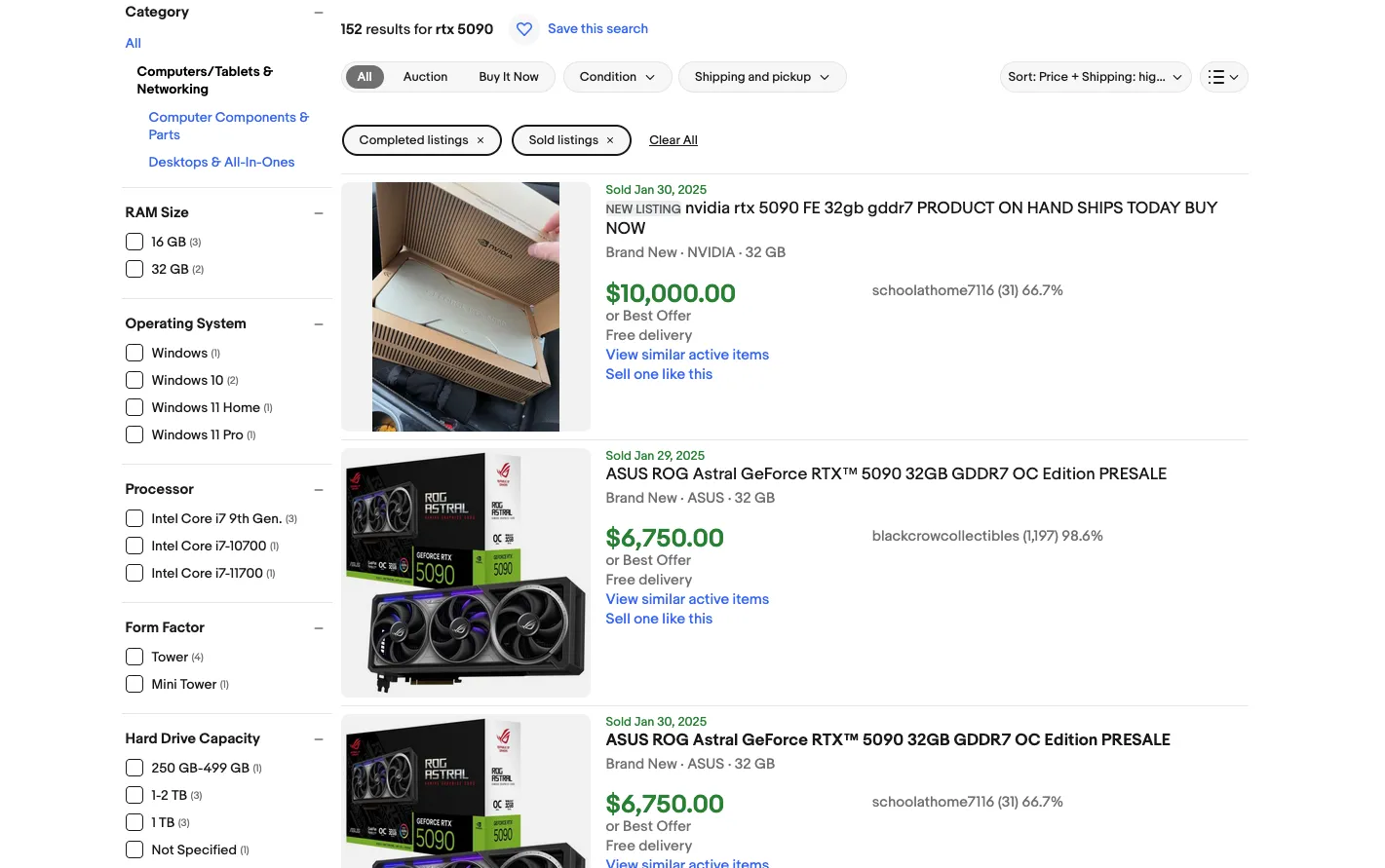 Danh sách bán card RTX 5090 trên eBay với giá từ 6.750 USD đến 10.000 USD, cho thấy tình trạng đội giá cắt cổ từ scalper.