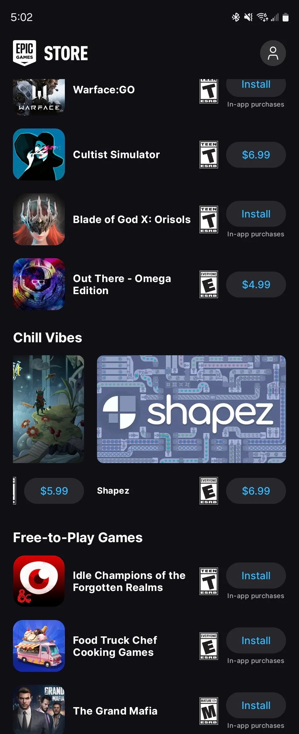 Danh sách các tựa game chất lượng cao được tuyển chọn trên Epic Games Store dành cho Android, thể hiện sự tập trung vào nội dung.