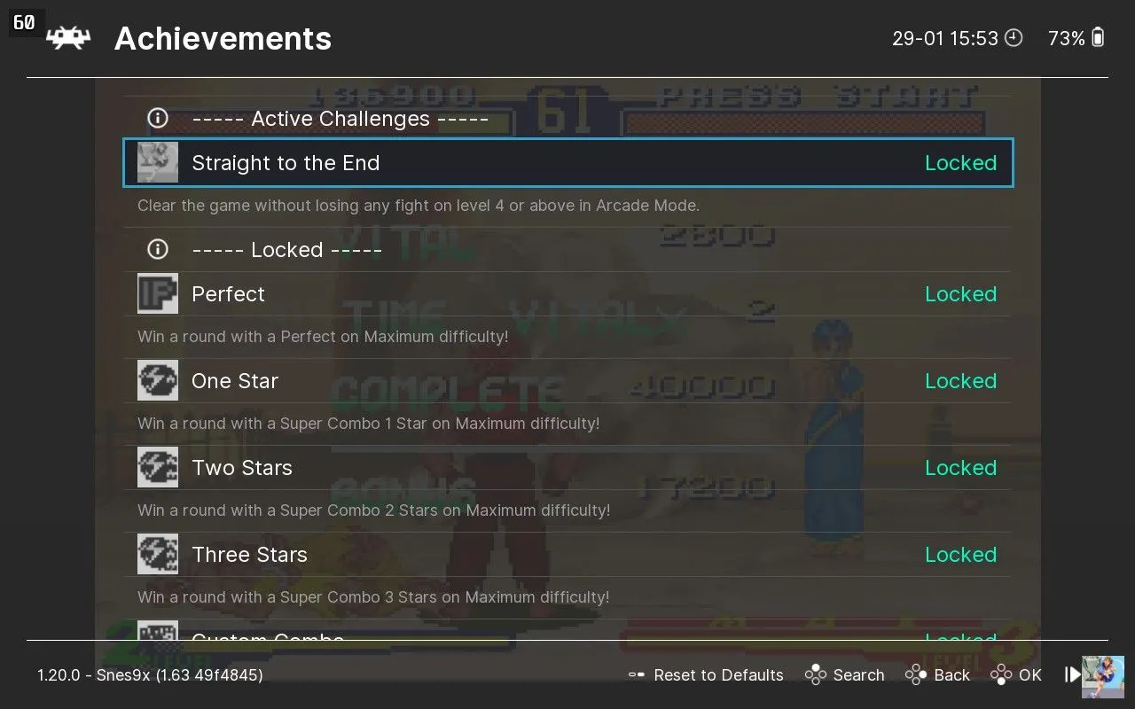 Danh sách thành tích có thể xem trong Quick Menu của RetroArch khi game đang tạm dừng, cho phép người chơi theo dõi tiến độ và các nhiệm vụ còn lại.