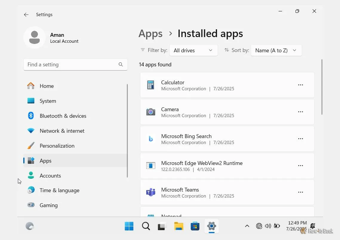 Danh sách ứng dụng được cài đặt trên máy ảo sau khi cài đặt phiên bản Windows 11 Tiny11 tối giản.