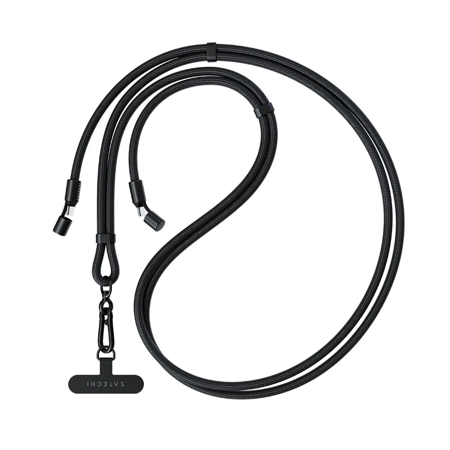 Dây đeo cổ kiêm cáp sạc Satechi OntheGo USB-C màu đen được trưng bày gọn gàng trên nền trắng