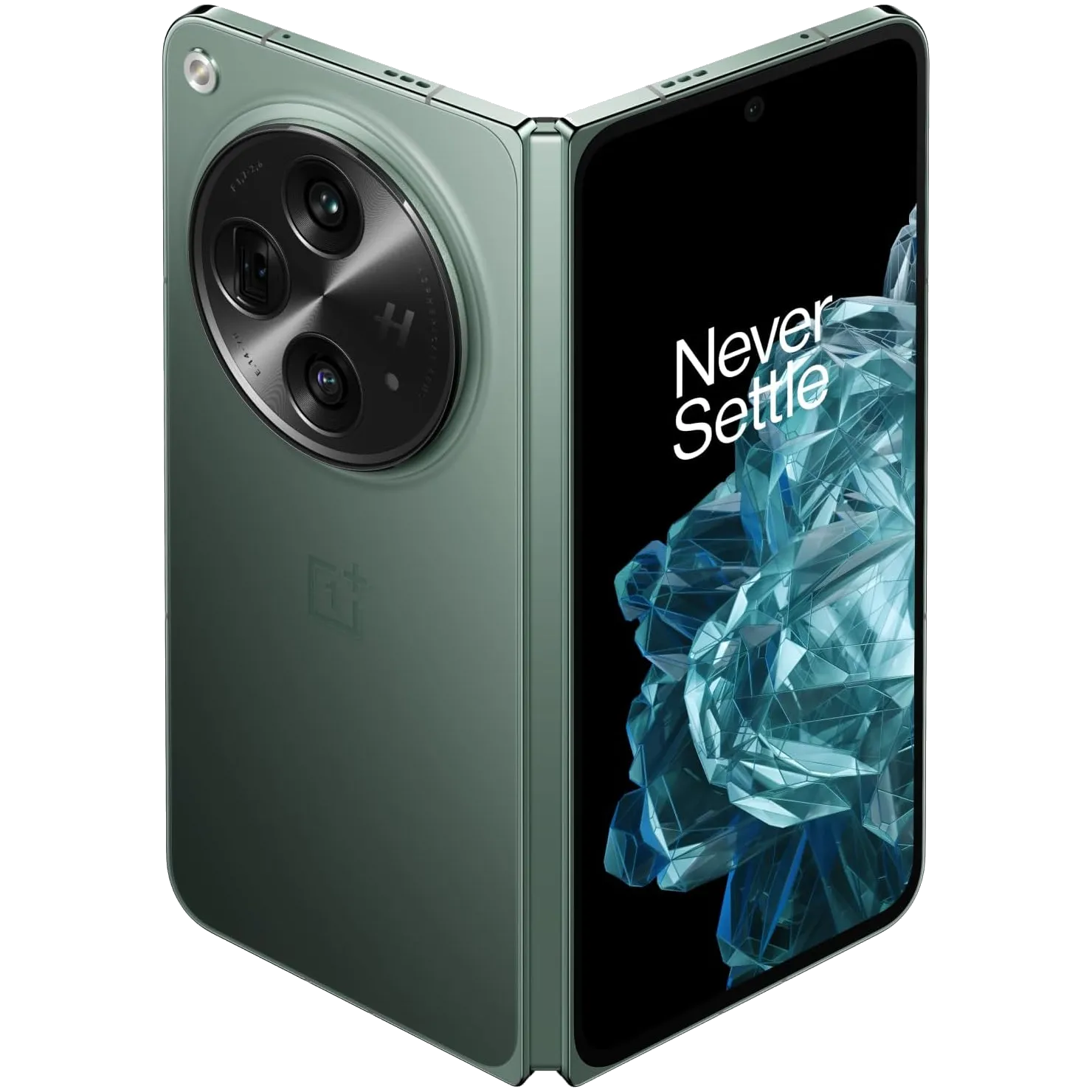 Điện thoại gập OnePlus Open màu xanh lá cây, thể hiện thiết kế sang trọng và cụm camera sau nổi bật.