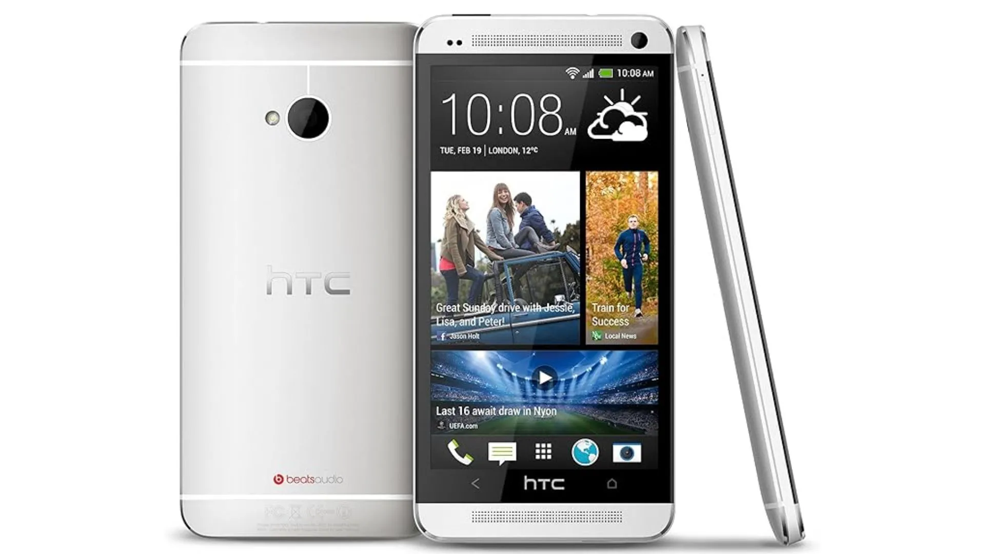 Điện thoại HTC One M7 với thiết kế kim loại nguyên khối và cụm loa kép BoomSound mạnh mẽ ở mặt trước.