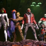 Đội vệ binh dải ngân hà Guardians of the Galaxy đứng thành hàng, Groot ôm một con lạc đà llama.