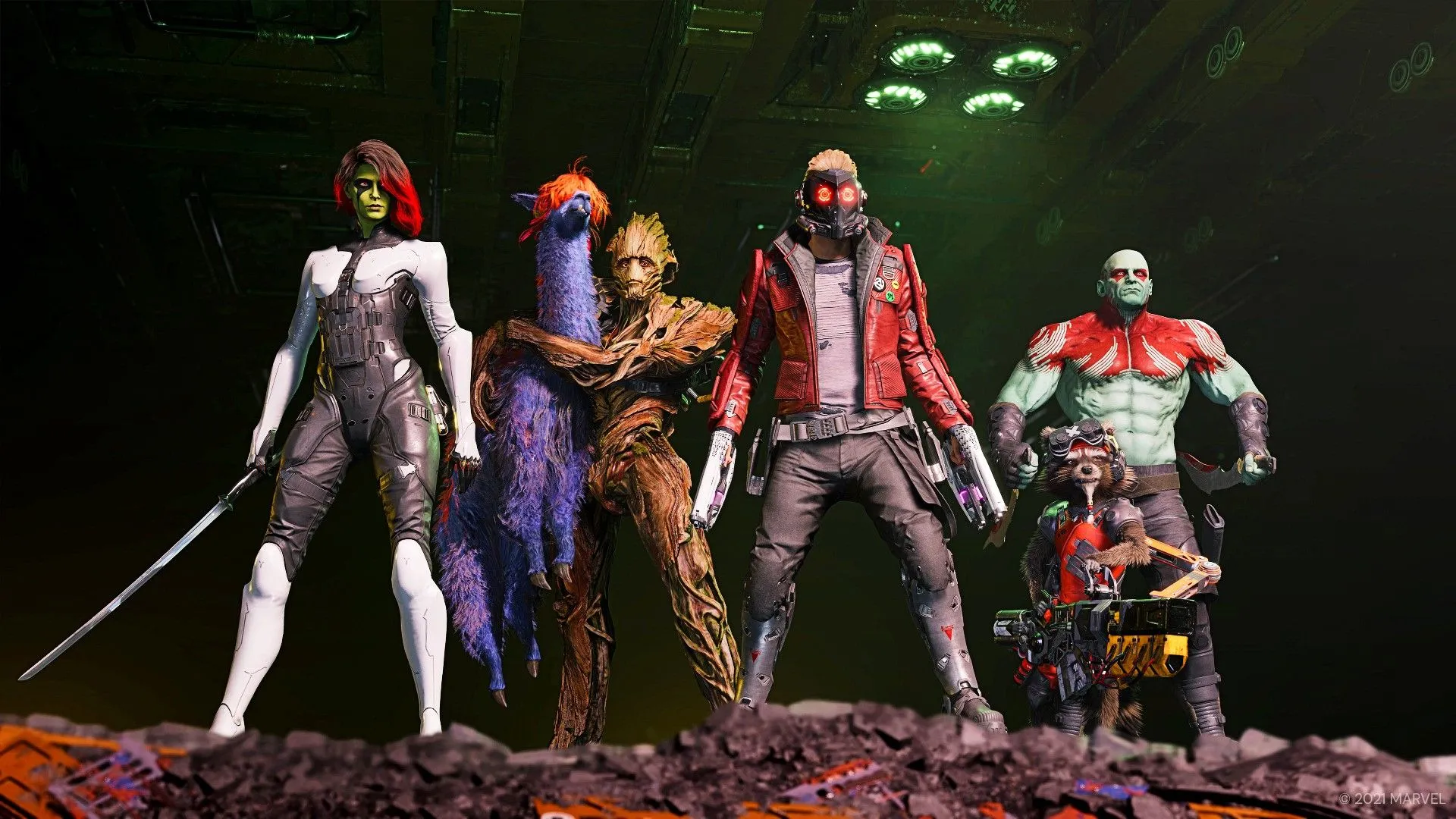 Đội vệ binh dải ngân hà Guardians of the Galaxy đứng thành hàng, Groot ôm một con lạc đà llama.