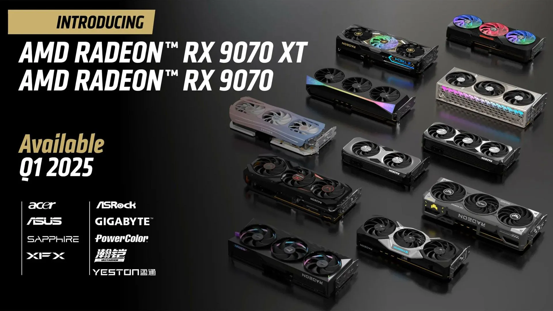 Dòng card đồ họa AMD Radeon RX 9070 và RX 9070 XT, thể hiện sự đa dạng sản phẩm cạnh tranh của AMD.