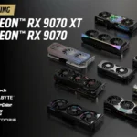 Dòng card đồ họa AMD Radeon RX 9070 và RX 9070 XT với thiết kế mạnh mẽ, thể hiện sự cạnh tranh của AMD trên thị trường GPU.