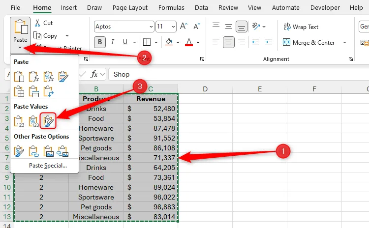 Dữ liệu Excel được chọn và sao chép, nút Linked Picture trong menu Paste được chọn