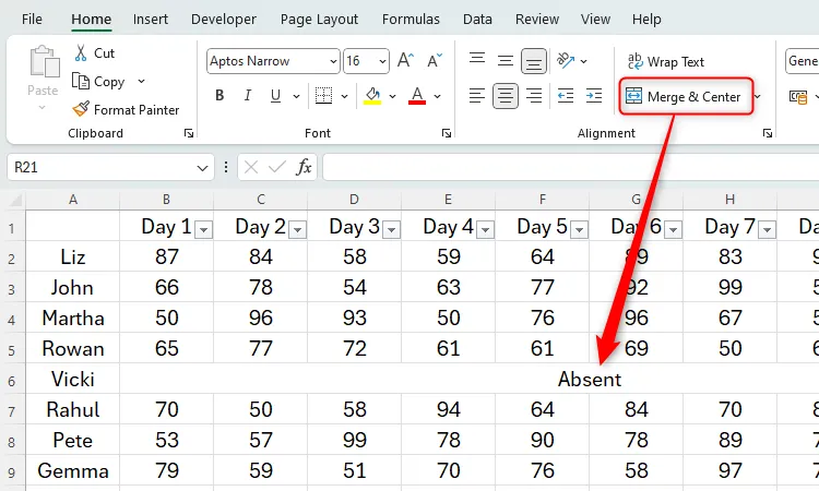 Dữ liệu trong Excel với một hàng đã được gộp và căn giữa bằng Merge & Center.