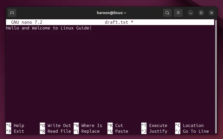 File văn bản mở trong trình soạn thảo Nano trên Ubuntu Linux