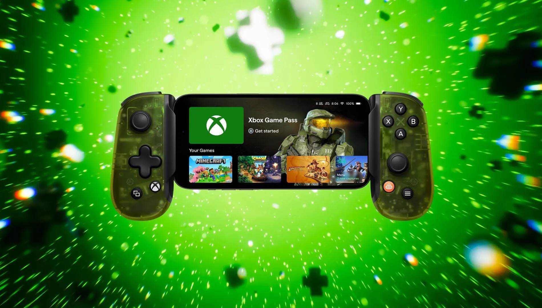 Gamepad Backbone phiên bản Xbox màu trắng gắn vào smartphone, thể hiện khả năng chơi game console trên điện thoại di động