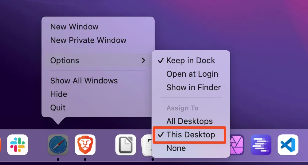 Gán một ứng dụng để mở trong một Space cụ thể trên macOS thông qua thanh Dock.