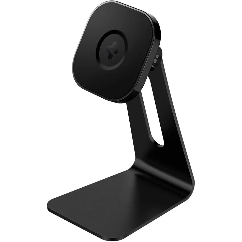 Giá đỡ điện thoại Spigen OneTap MagFit màu đen đang giữ iPhone ở chế độ ngang để hiển thị StandBy Mode.