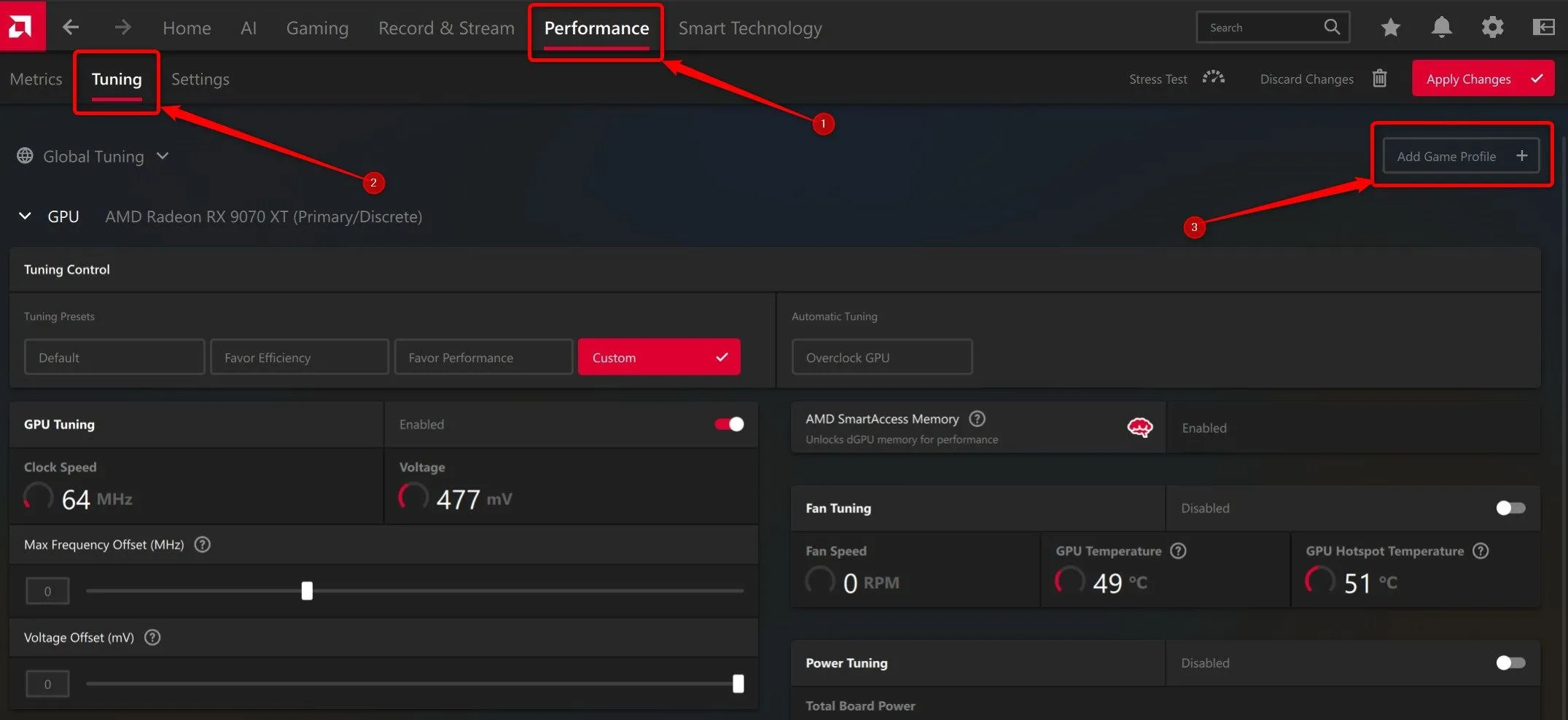 Giao diện AMD Software cho phép thêm hồ sơ điều chỉnh công suất tùy chỉnh theo từng tựa game