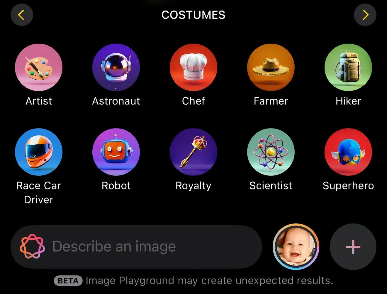 Giao diện bảng tùy chọn trang phục trong tính năng Image Playground của Apple Intelligence trên iPhone, cho phép cá nhân hóa ảnh.