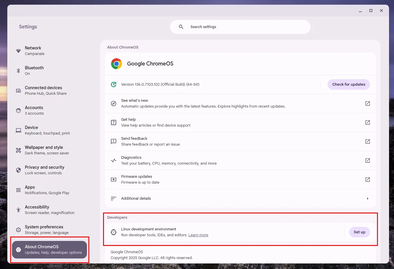 Giao diện Cài đặt ChromeOS hiển thị mục &quot;Nhà phát triển&quot; và nút &quot;Thiết lập&quot; để cài đặt Linux.