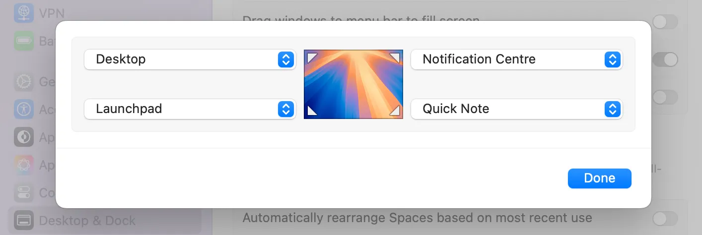 Giao diện cài đặt Góc nóng (Hot Corners) trong tùy chọn Màn hình &amp; Dock trên macOS.