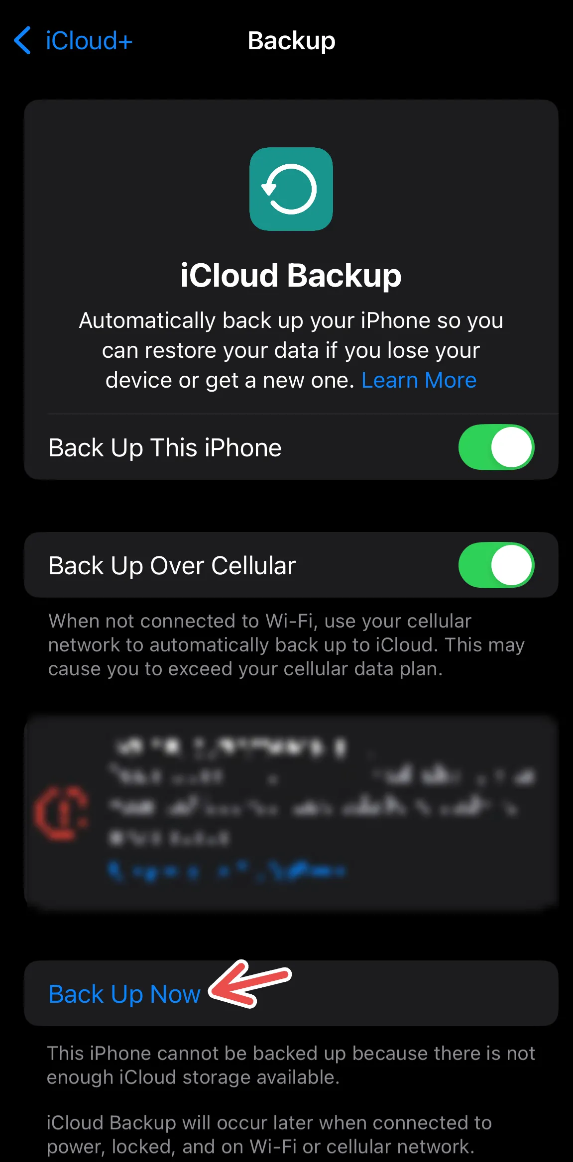Giao diện cài đặt iCloud Backup trên iPhone, hướng dẫn sao lưu thủ công