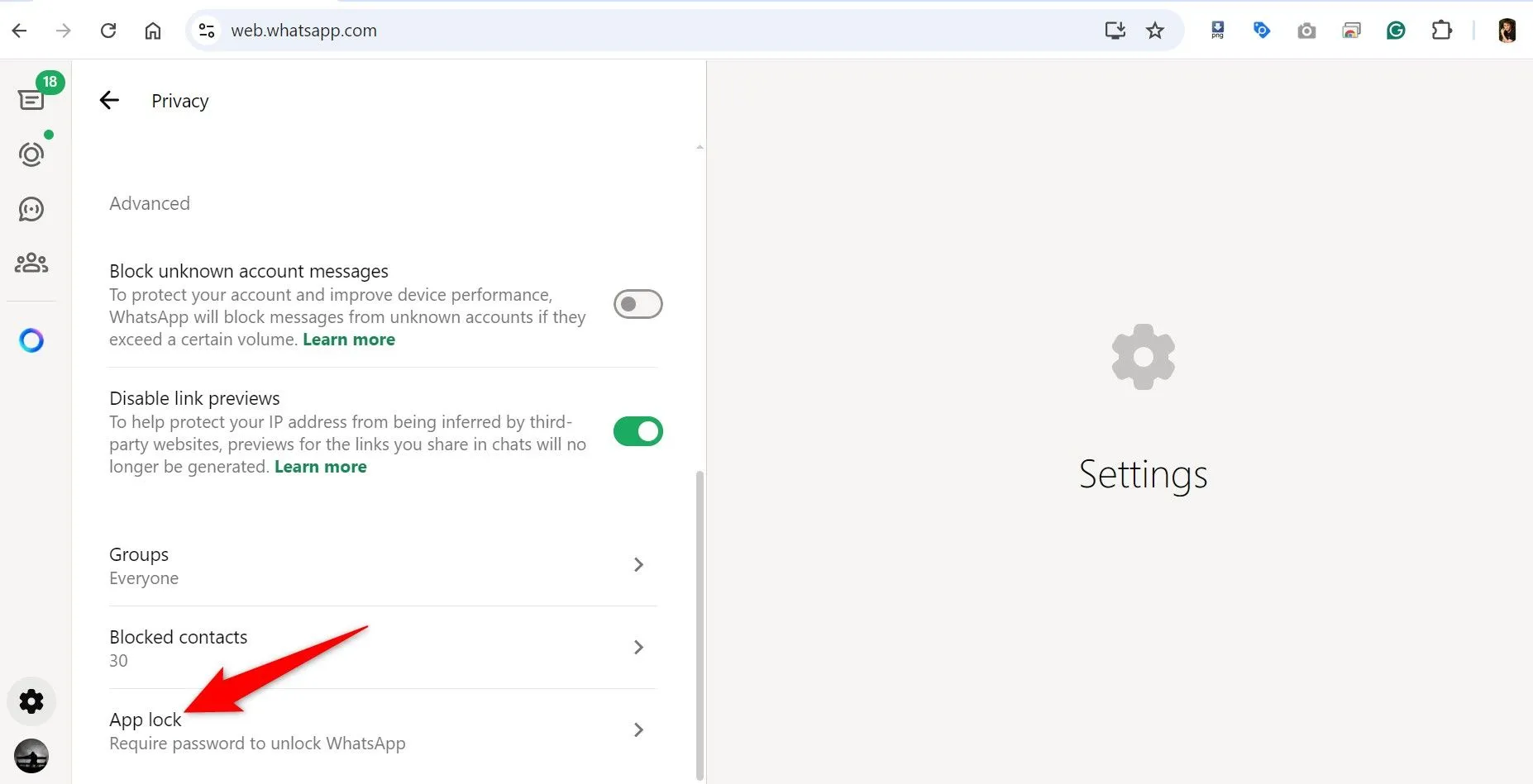 Giao diện cài đặt Khóa ứng dụng trong WhatsApp Web trên máy tính