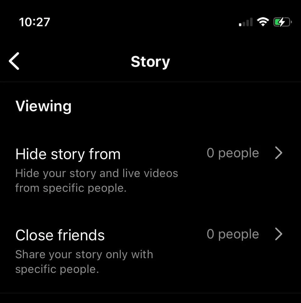 Giao diện cài đặt quyền riêng tư Story trên ứng dụng Instagram