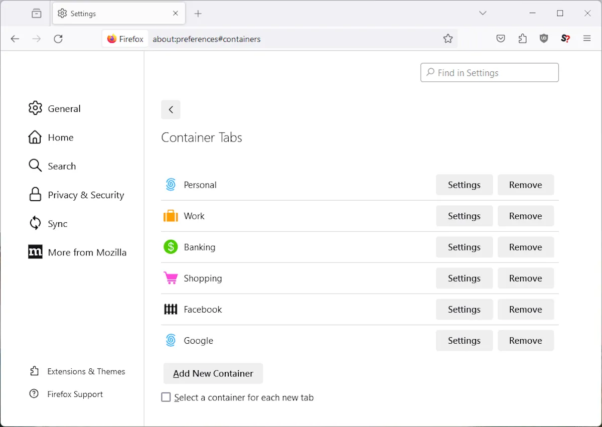 Giao diện cài đặt tính năng Container của Firefox giúp phân loại phiên duyệt web.