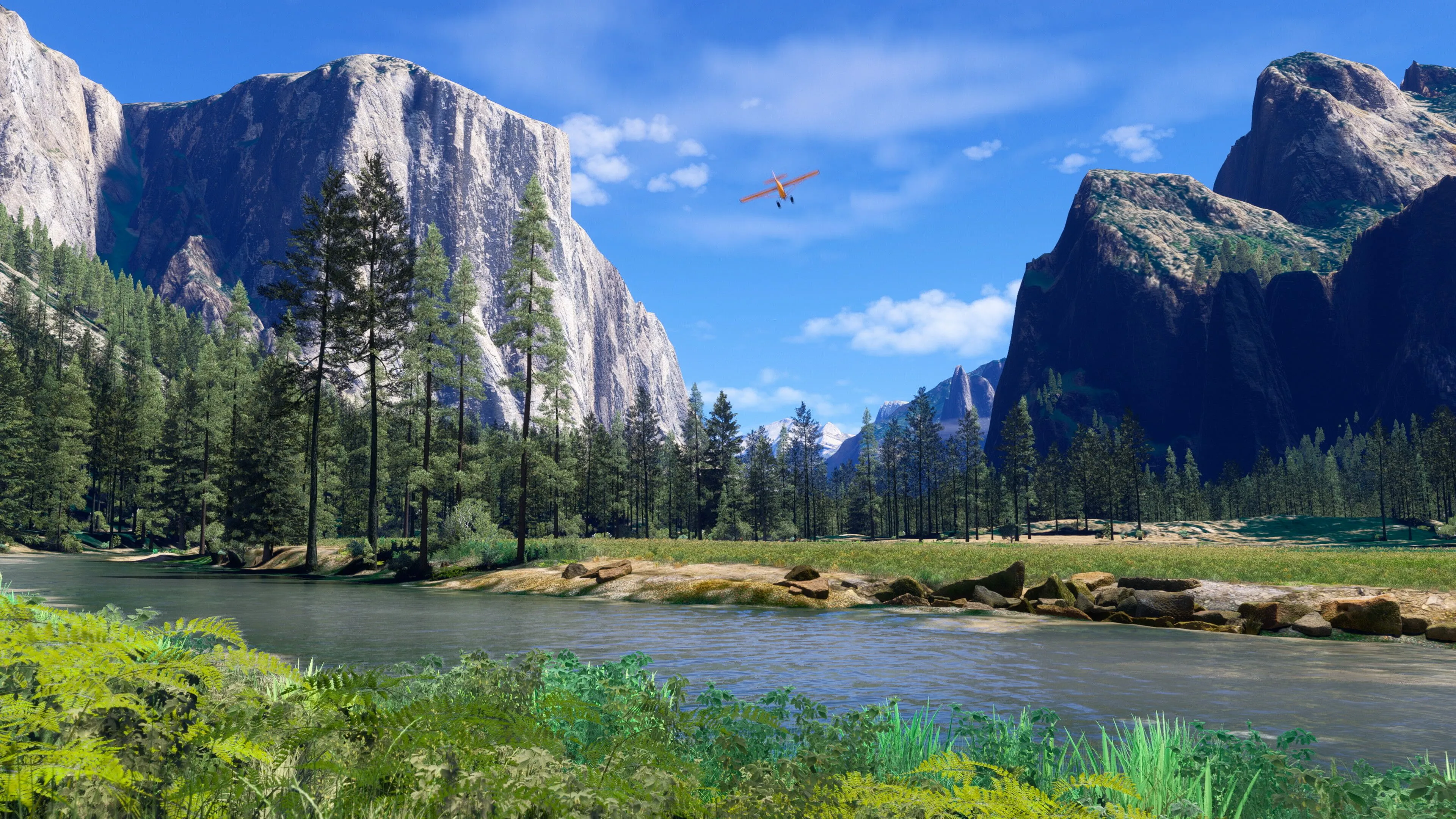 Giao diện chân thực của Microsoft Flight Simulator 2024 hiển thị một khung cảnh thành phố và máy bay trên không, minh họa khả năng mô phỏng thế giới thực của game.