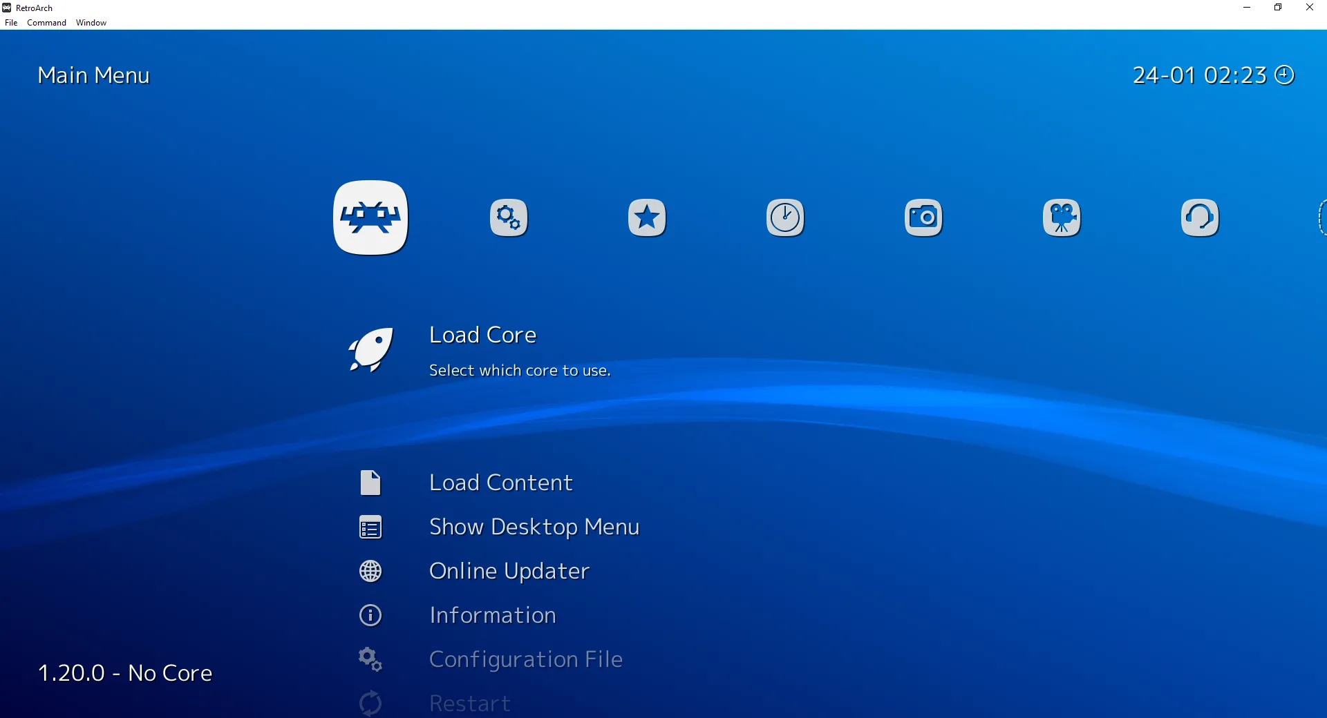 Giao diện chính của RetroArch với theme XMB, minh họa khả năng giả lập đa hệ thống trên nhiều nền tảng.