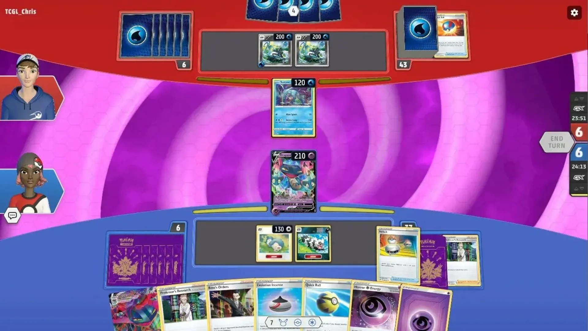 Giao diện chơi game Pokémon TCG Live, phiên bản kỹ thuật số của trò chơi thẻ bài Pokémon.